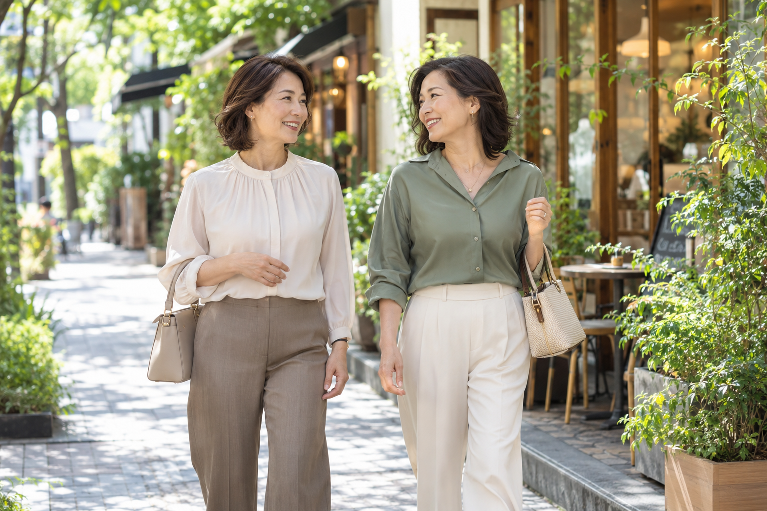 街を歩きながら会話を楽しむ50代の女性2人