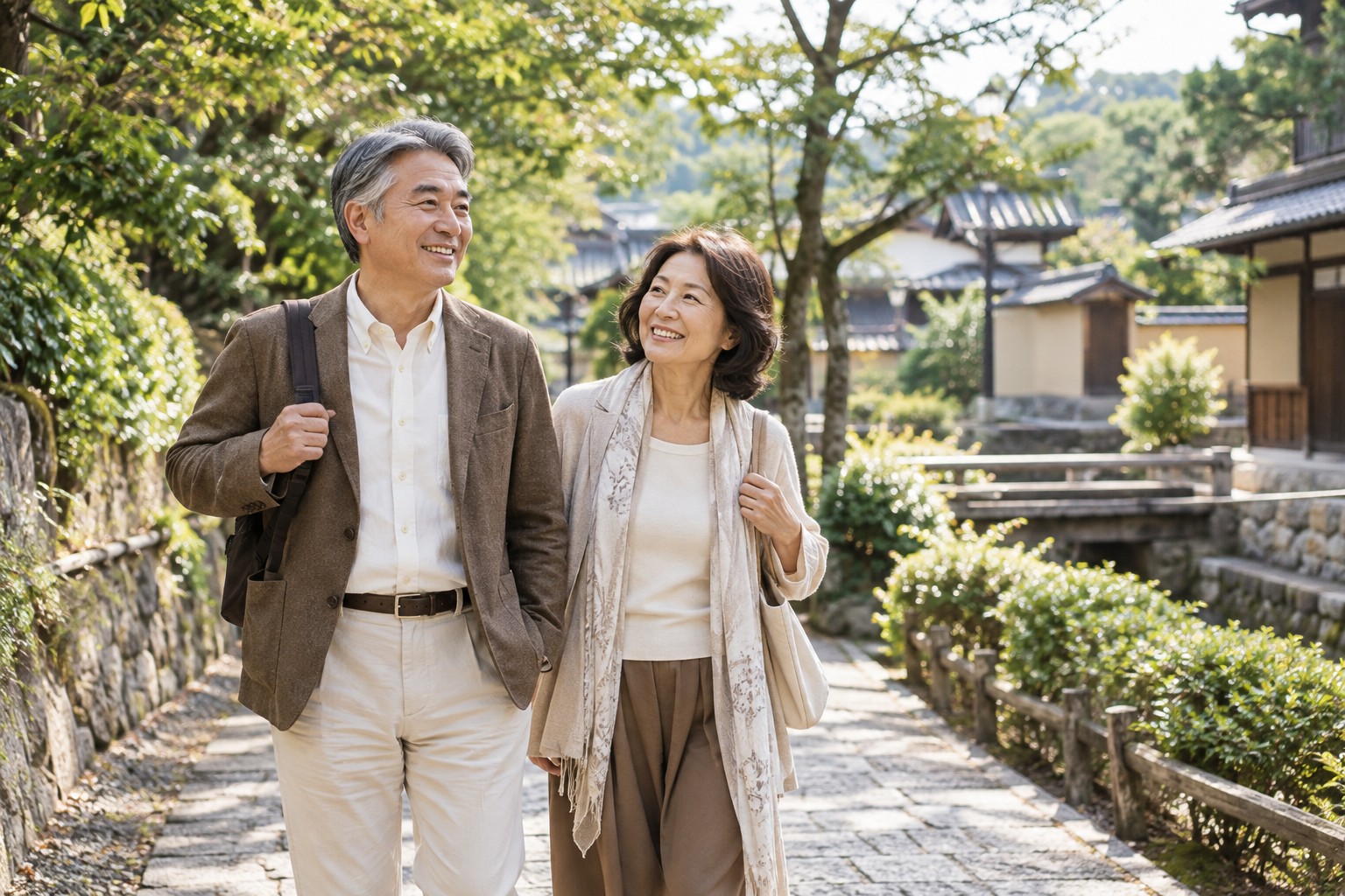 旅先の道をゆっくり歩き、景色を楽しむ夫婦
