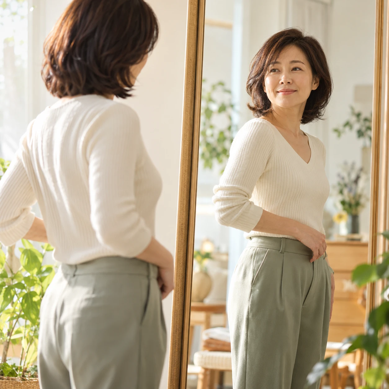 鏡で姿勢や体型を確認する女性