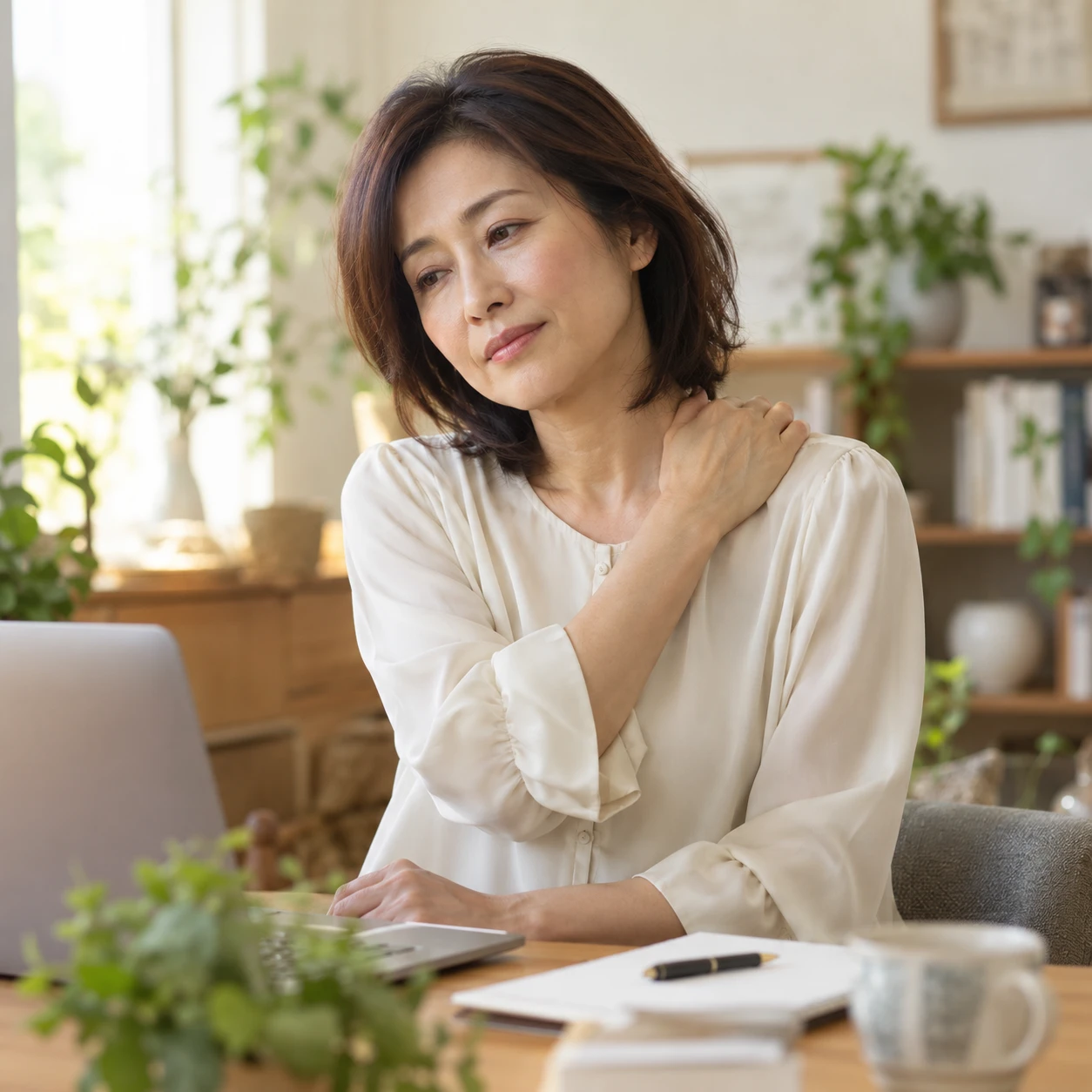 仕事の合間に肩をいたわる女性